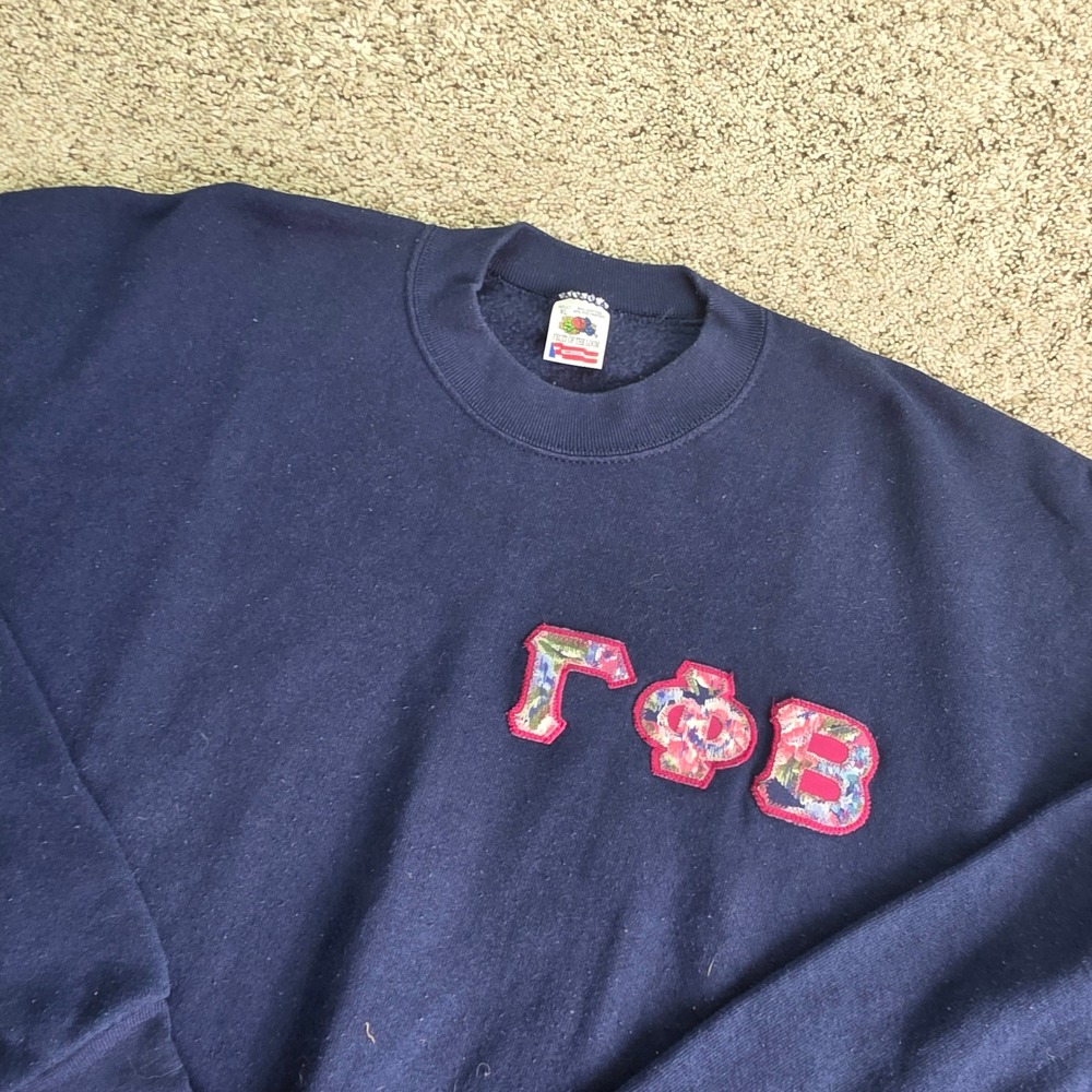 VINTAGE Fruit of the Loom Gamma Phi Beta Sweatshirt Women XL Navy Floral Greek